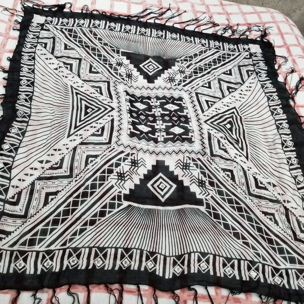 Black and White Scarf or Wrap Shawl with Sewn in Tiny Mirrors - 40 Inches Square